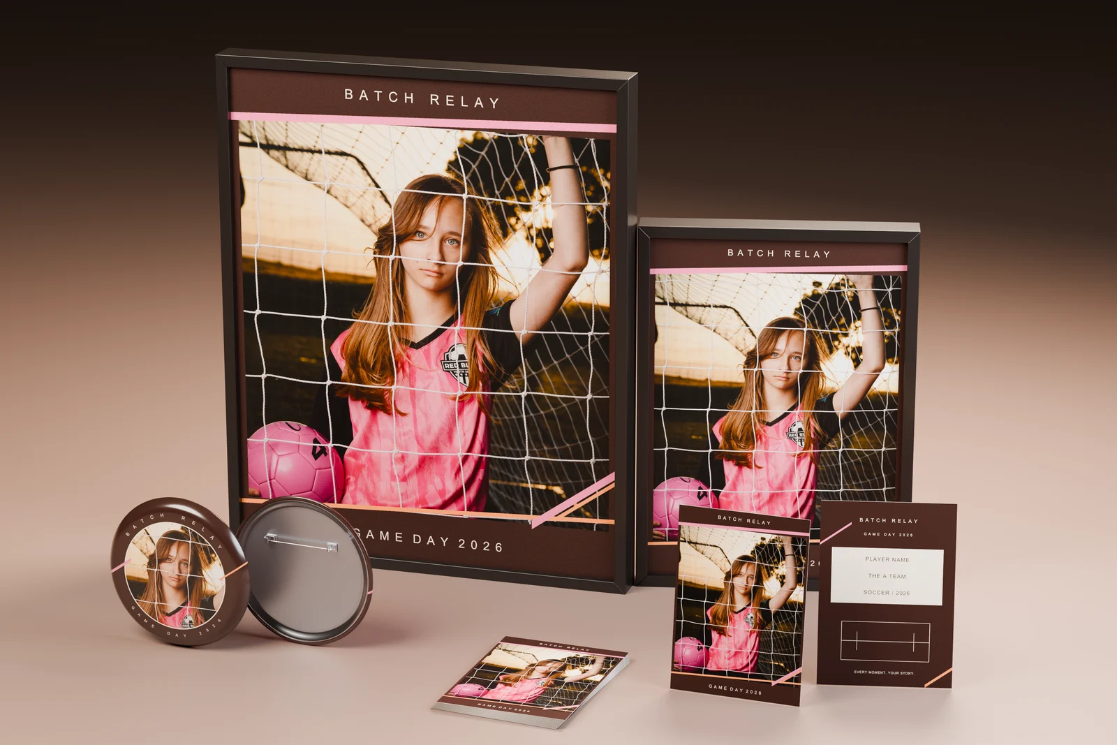 Batch Relay soccer photo products arranged in a studio scene.